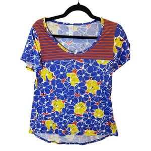 LuLaRoe Randy Tee Womens XS Blue Yellow Floral Orange Striped New With Tags NWT